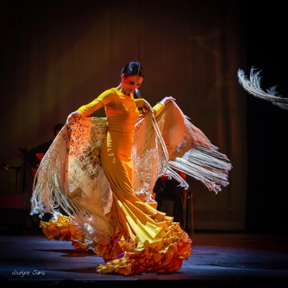 Danseuse de flamenco en robe orange sur scène